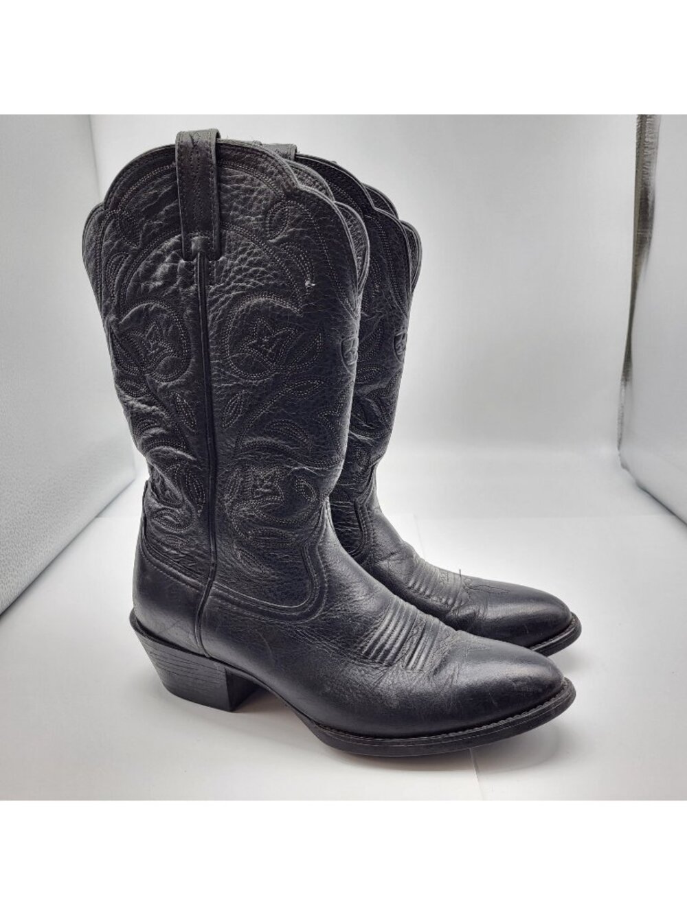 Ariat Western Womens Heritage R Toe Black Leather 6.5 pull on roper boots Rodeo